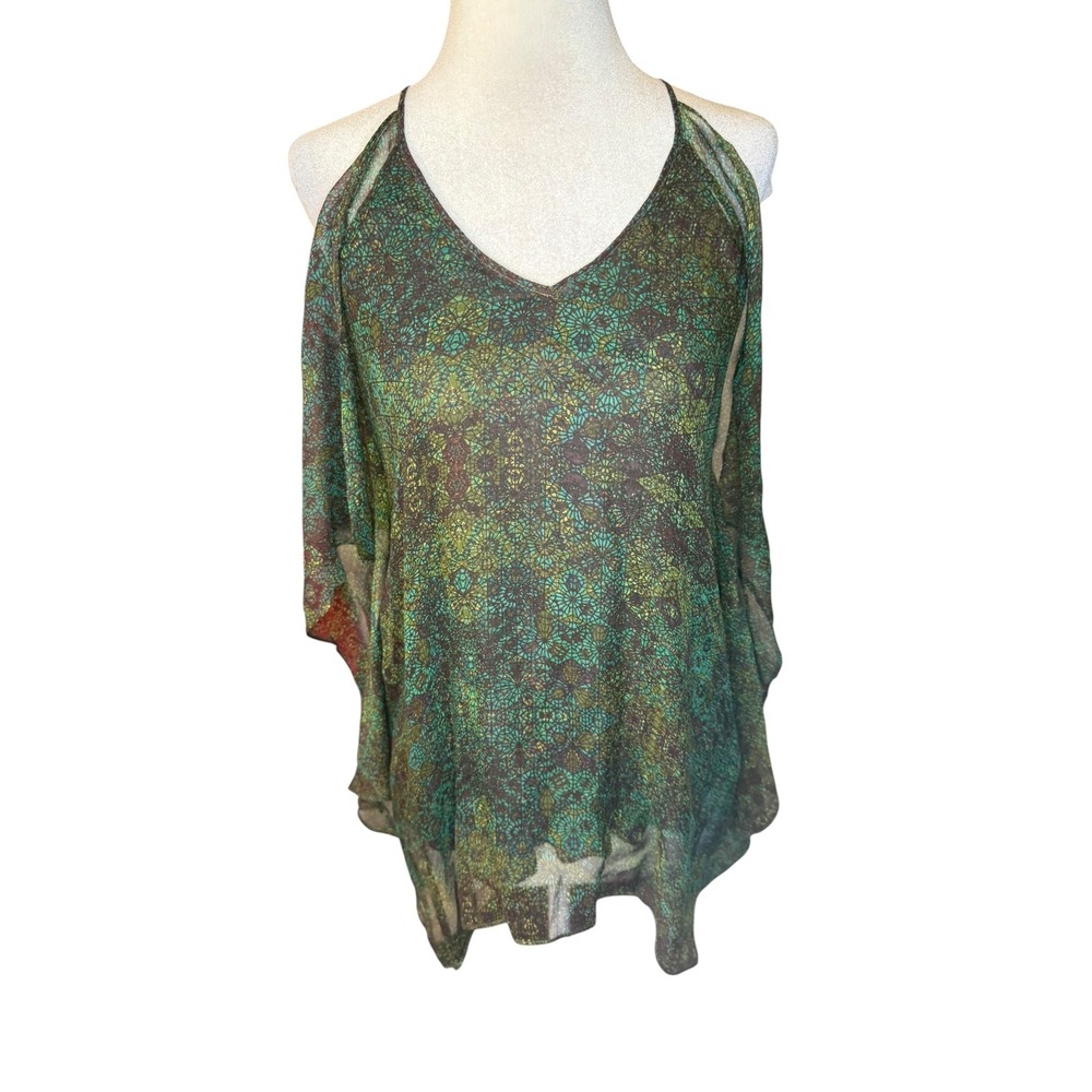 Ella Moss Women Green Silk Geometric Kaleidoscope Halter Cold Shoulder Top XS